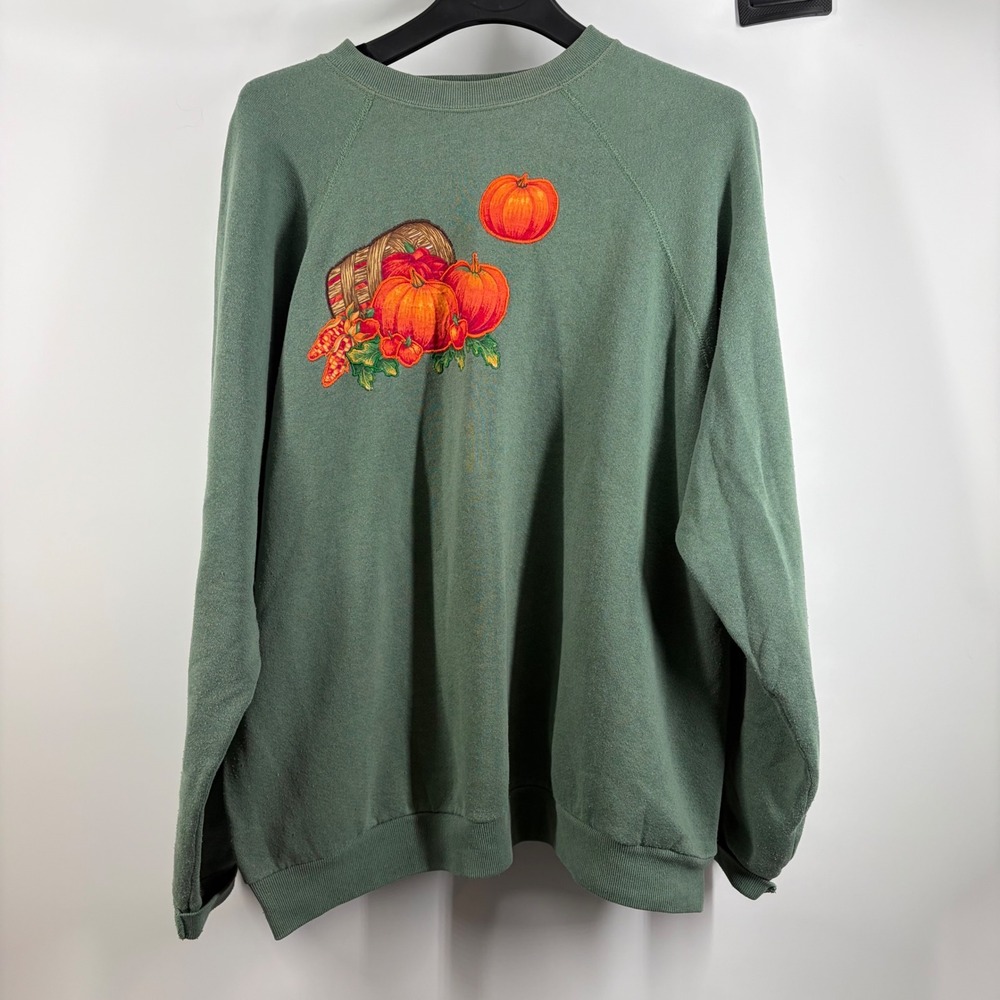 Vintage Tultex Green Pumpkin Cornucopia Sweatshirt XL Made in USA Fall Graphic